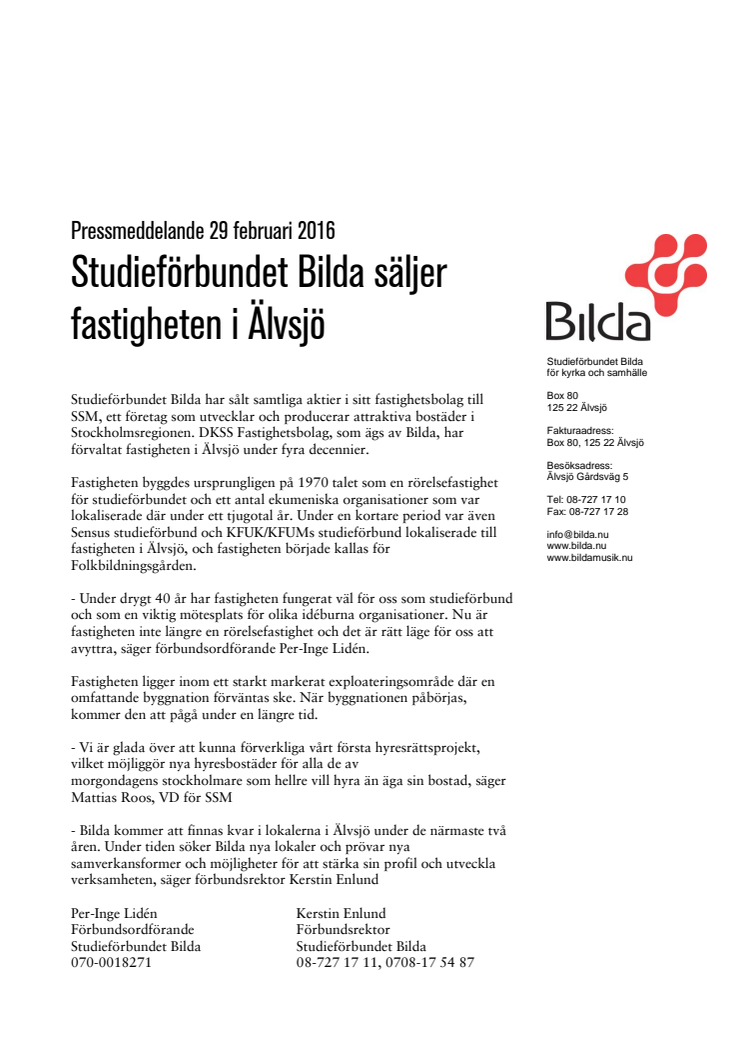 Studieförbundet Bilda säljer fastigheten i Älvsjö