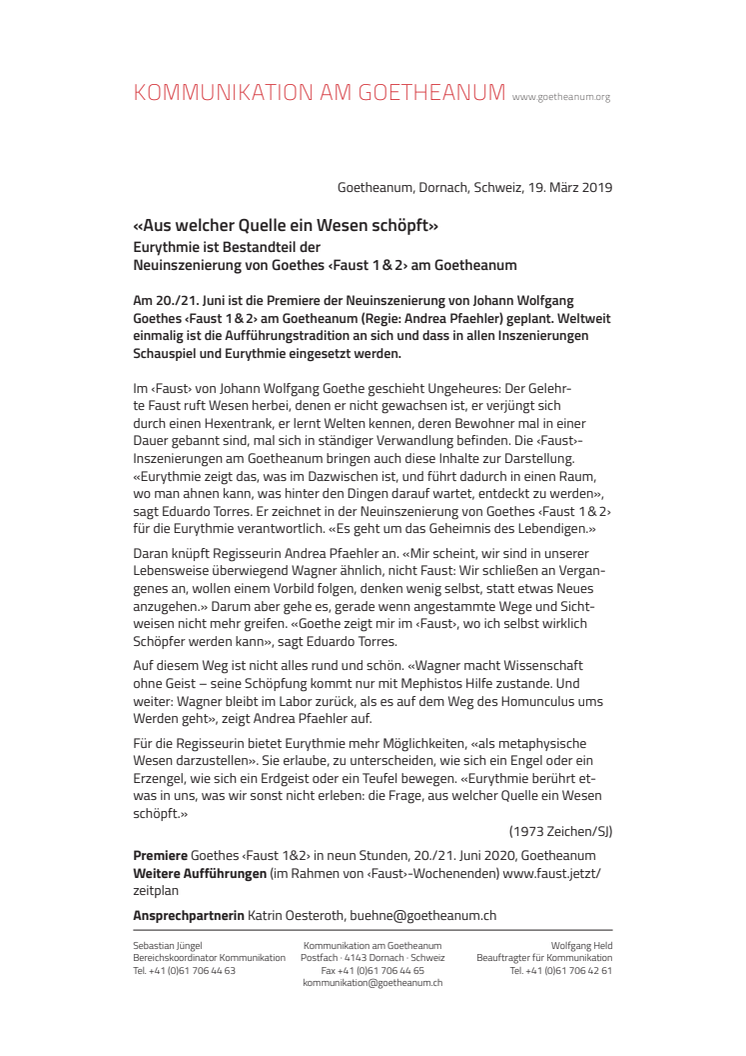 «Aus welcher Quelle ein Wesen schöpft». Eurythmie ist Bestandteil der Neuinszenierung von Goethes ‹Faust 1 & 2› am Goetheanum