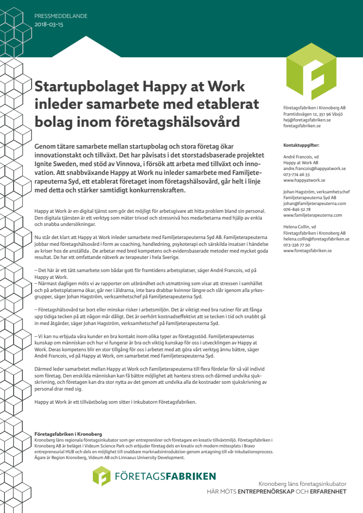 ​Startupbolaget Happy at Work inleder samarbete med etablerat bolag inom företagshälsovård