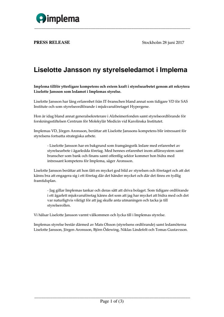 Liselotte Jansson ny styrelseledamot i Implema