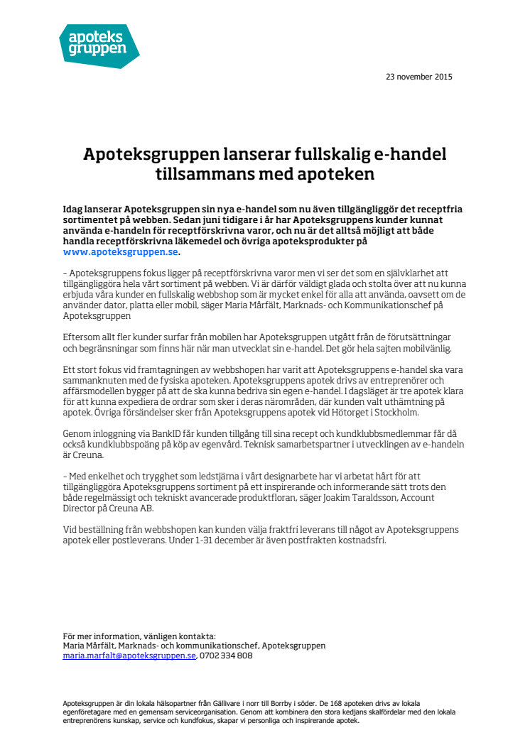 Apoteksgruppen lanserar fullskalig e-handel tillsammans med apoteken