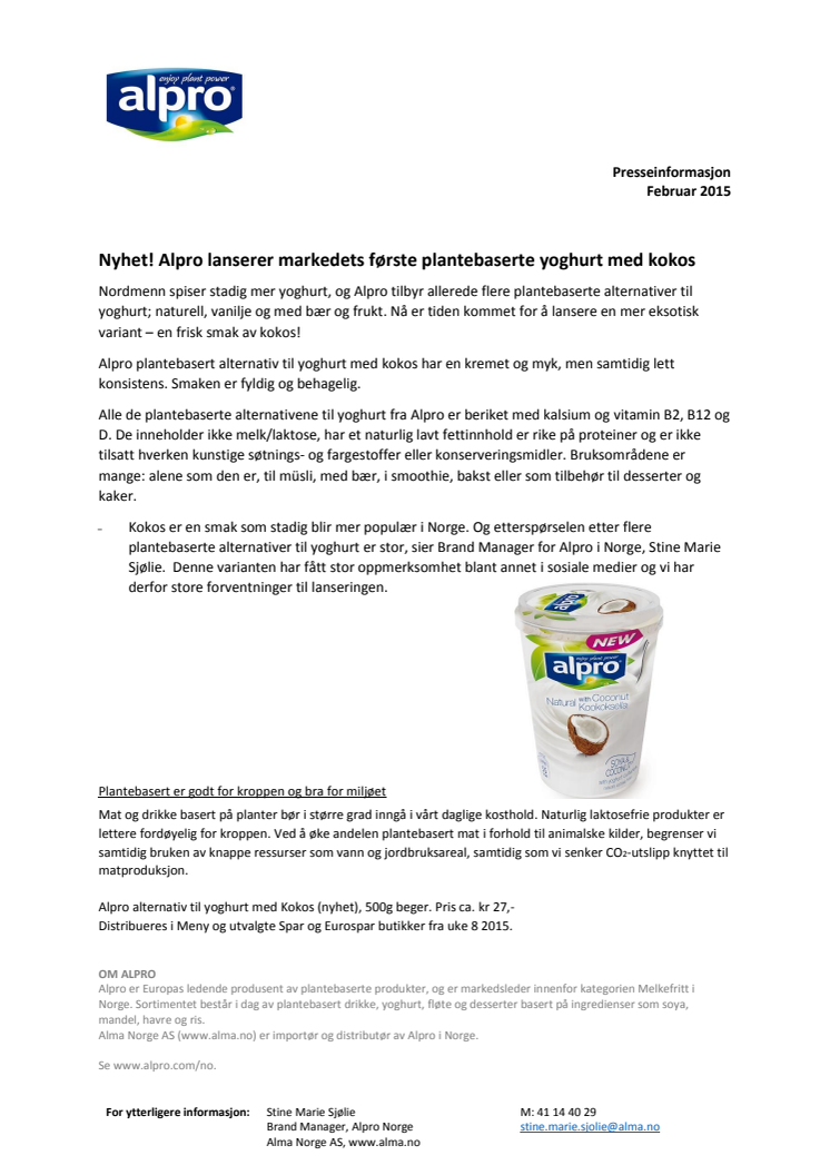 Alpro lanserer markedets første plantebaserte yoghurt med kokos