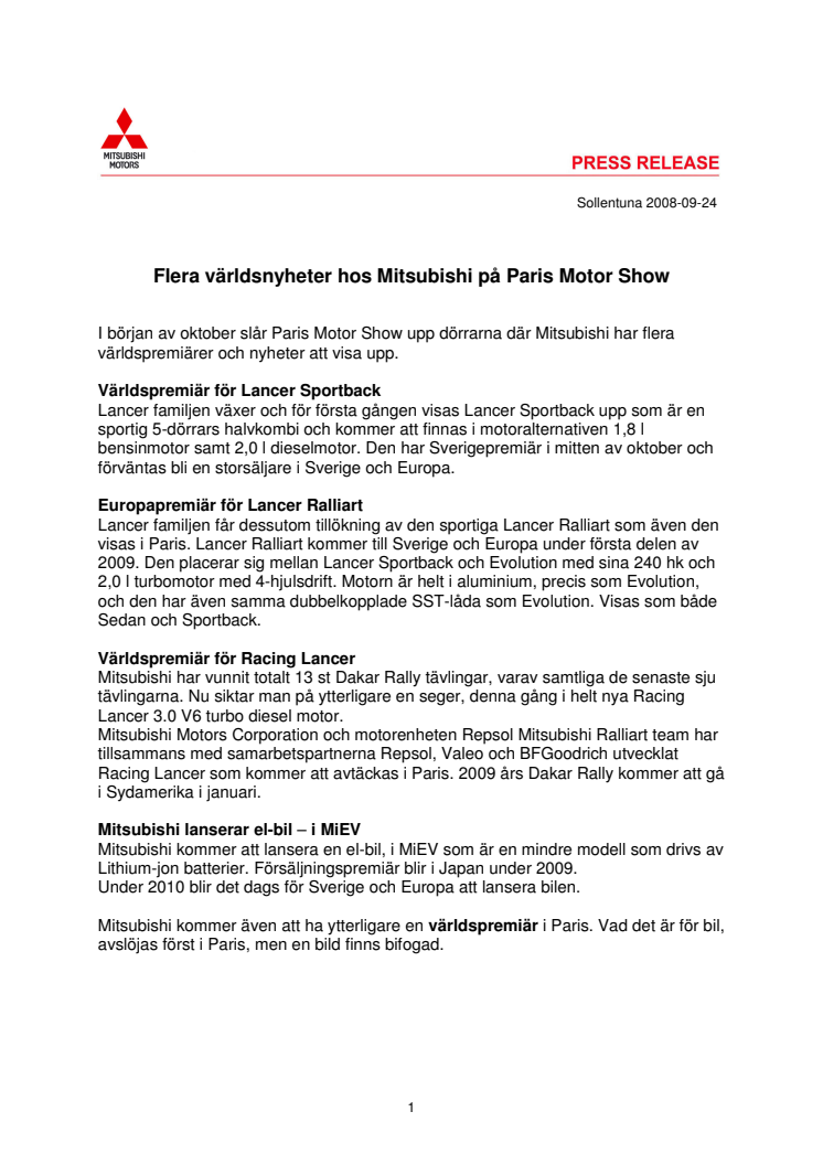 Flera världsnyheter hos Mitsubishi på Paris Motor Show