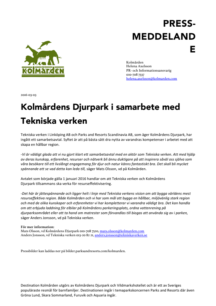 Kolmårdens Djurpark samarbetar med Tekniska verken