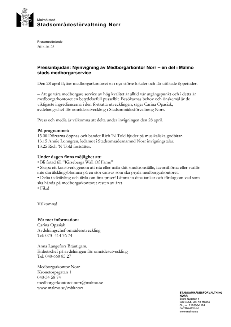 Pressinbjudan: Nyinvigning av Medborgarkontor Norr – en del i Malmö stads medborgarservice 