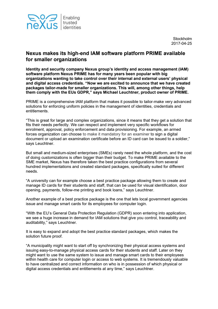 Nexus makes its high-end IAM software platform PRIME available for smaller organizations