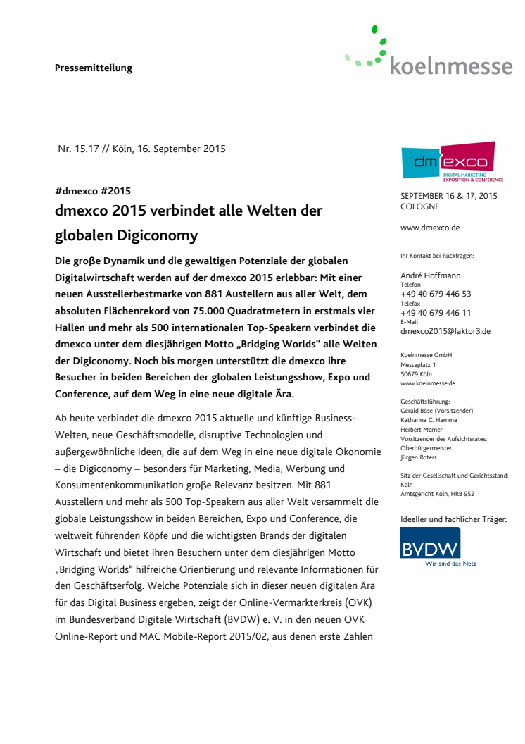 dmexco 2015 verbindet alle Welten der globalen Digiconomy