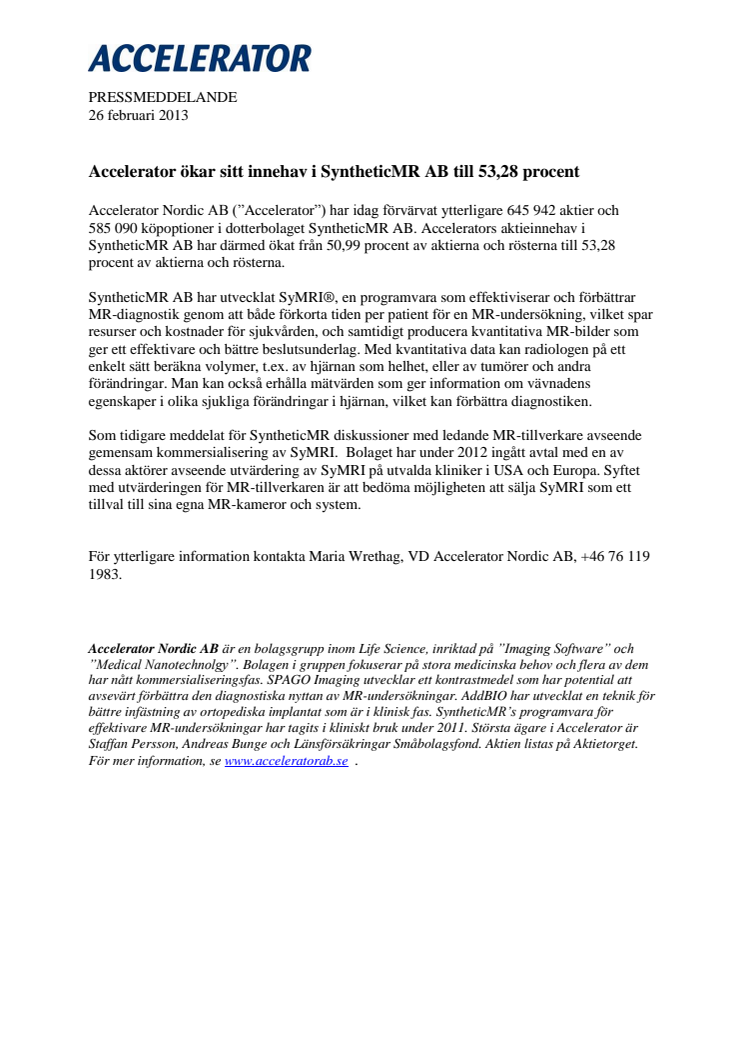 Accelerator ökar sitt innehav i SyntheticMR AB till 53,28 procent