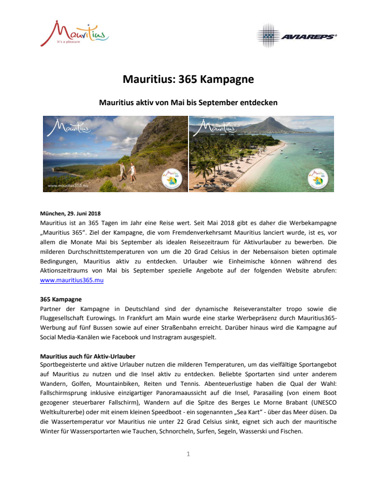 365 Kampagne  - Mauritius aktiv von Mai bis September entdecken