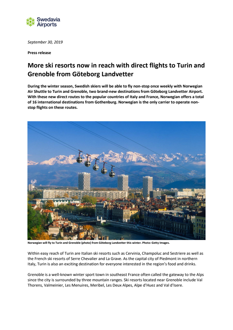 More ski resorts now in reach with direct flights to Turin and Grenoble from Göteborg Landvetter