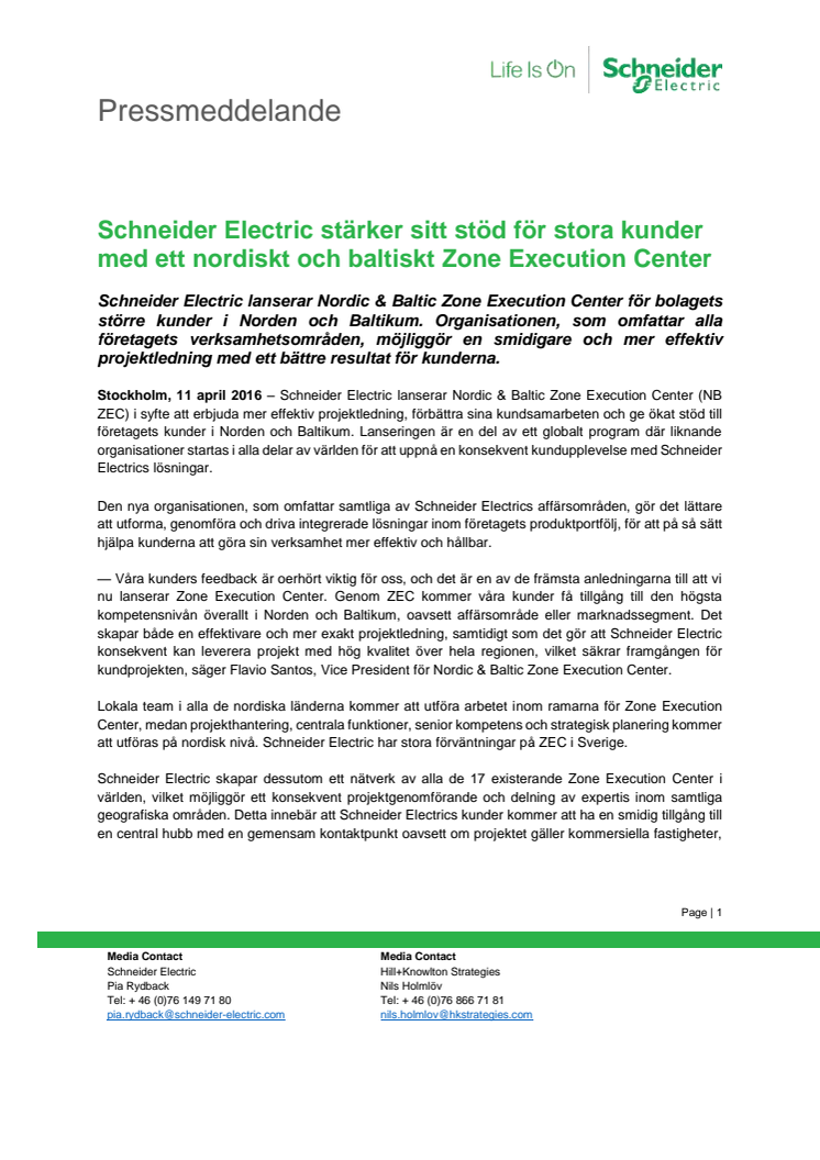 Schneider Electric stärker sitt stöd för stora kunder med ett nordiskt och baltiskt Zone Execution Center