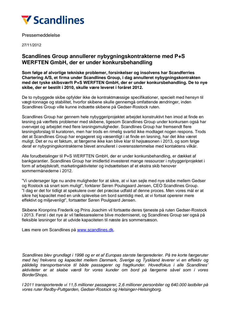 Scandlines Group annullerer nybygningskontrakterne med P+S WERFTEN GmbH, der er under konkursbehandling