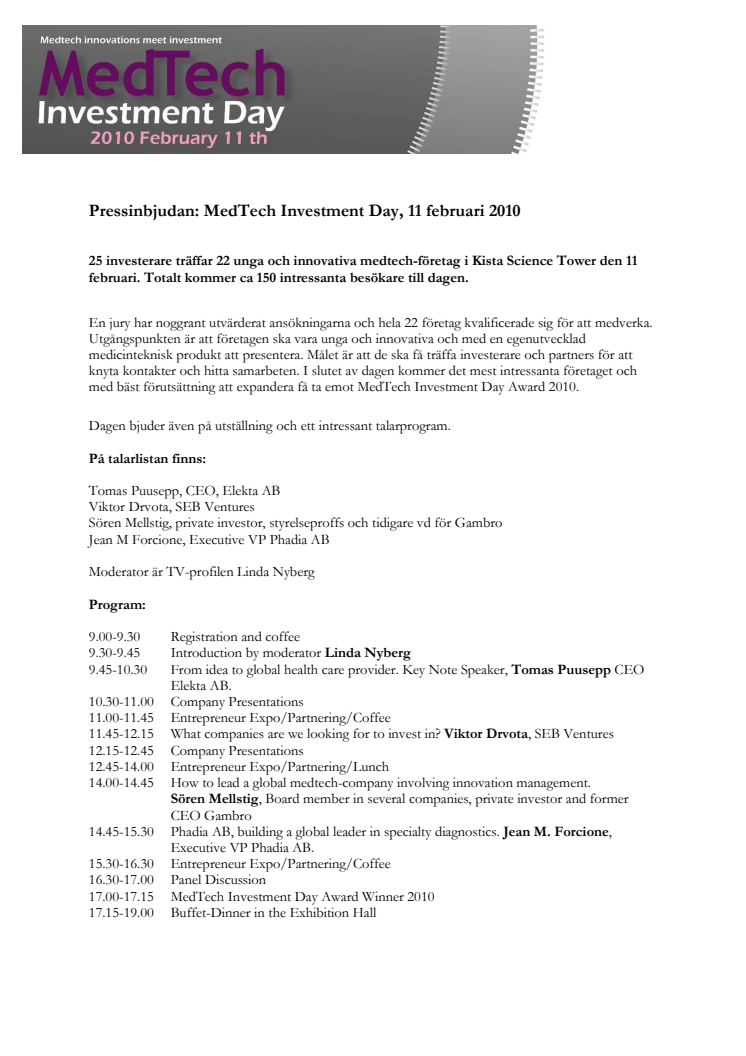 Pressinbjudan: MedTech Investment Day, 11 februari 2010