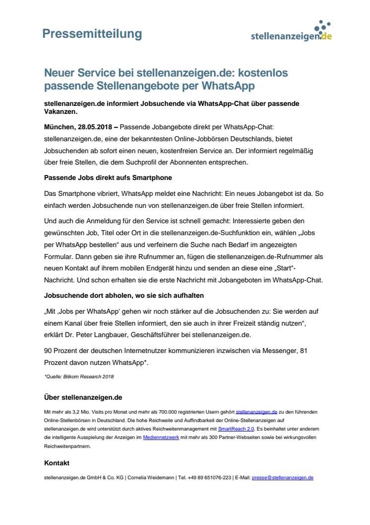Neuer Service bei stellenanzeigen.de: kostenlos passende Stellenangebote per WhatsApp