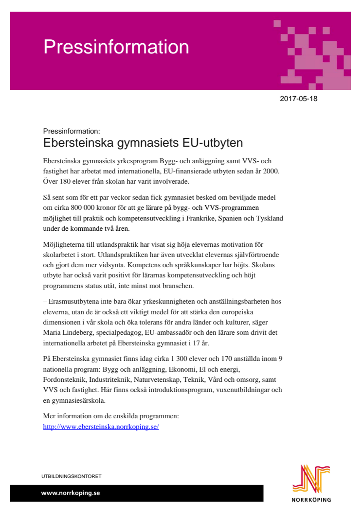 Pressinformation om EU-utbyten på Ebersteinska gymnasiet