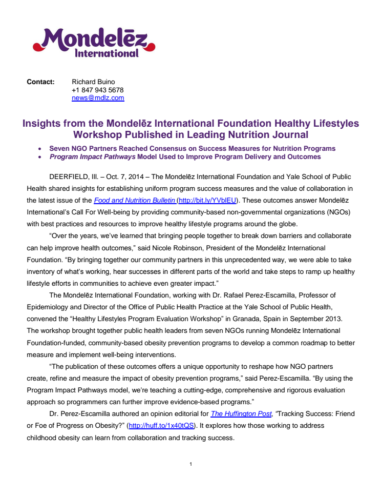 Insights from the Mondelēz International Foundation Healthy Lifestyles Workshop Published in Leading Nutrition Journal