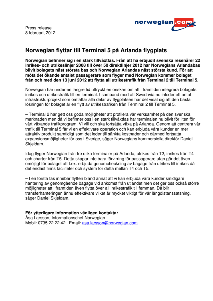 Norwegian flyttar till Terminal 5 på Arlanda flygplats