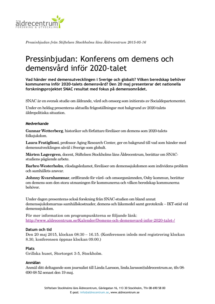 Pressinbjudan: Konferens om demens och demensvård inför 2020-talet 