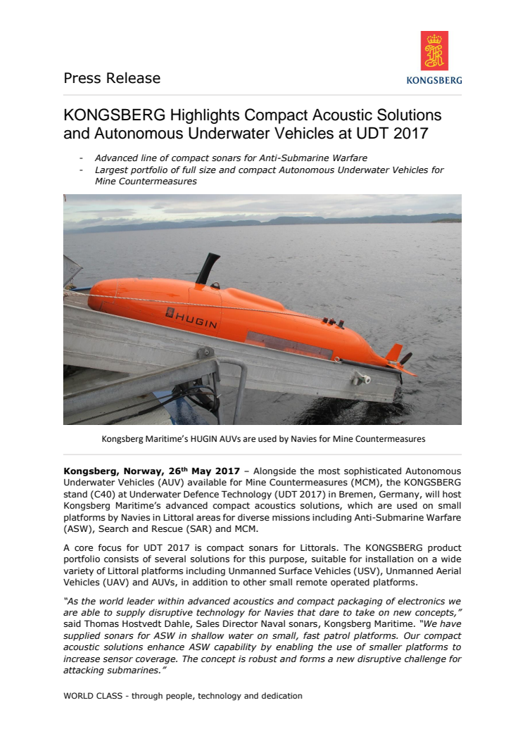 Kongsberg Maritime: KONGSBERG Highlights Compact Acoustic Solutions and Autonomous Underwater Vehicles at UDT 2017