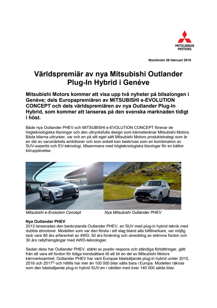 Världspremiär för nya Mitsubishi Outlander Plug-In Hybrid i Genéve 
