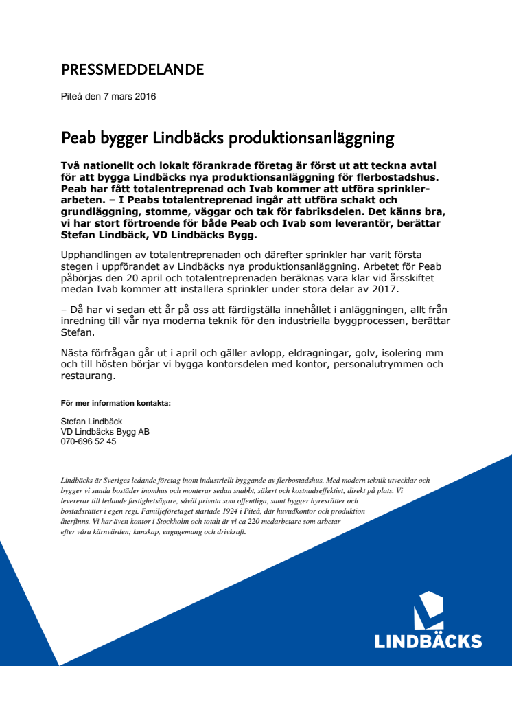 Peab bygger Lindbäcks nya produktionsanläggning