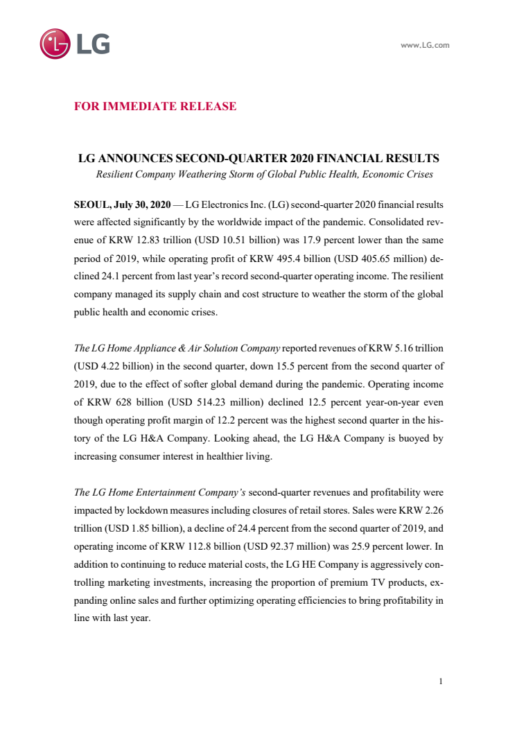 LG ANNOUNCES SECOND-QUARTER 2020 FINANCIAL RE-SULTS