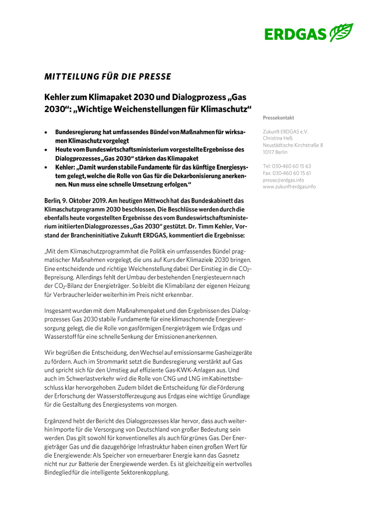 Kehler zum Klimapaket 2030 und Dialogprozess „Gas 2030“: „Wichtige Weichenstellungen für Klimaschutz“