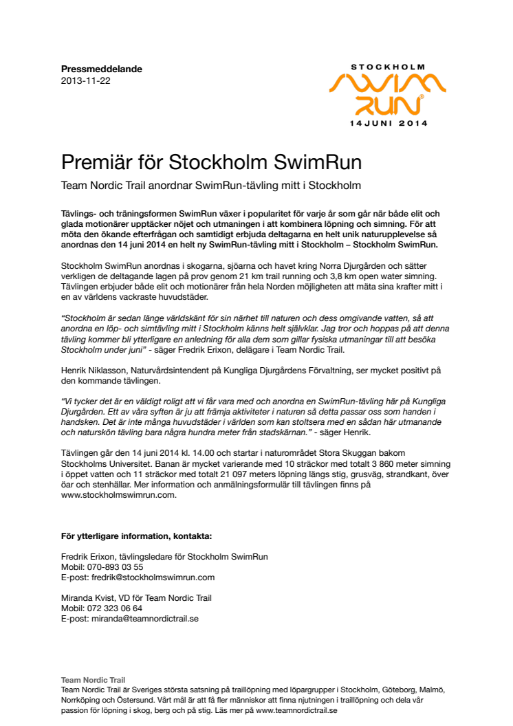 Pressmeddelande - Premiär för Stockholm SwimRun 
