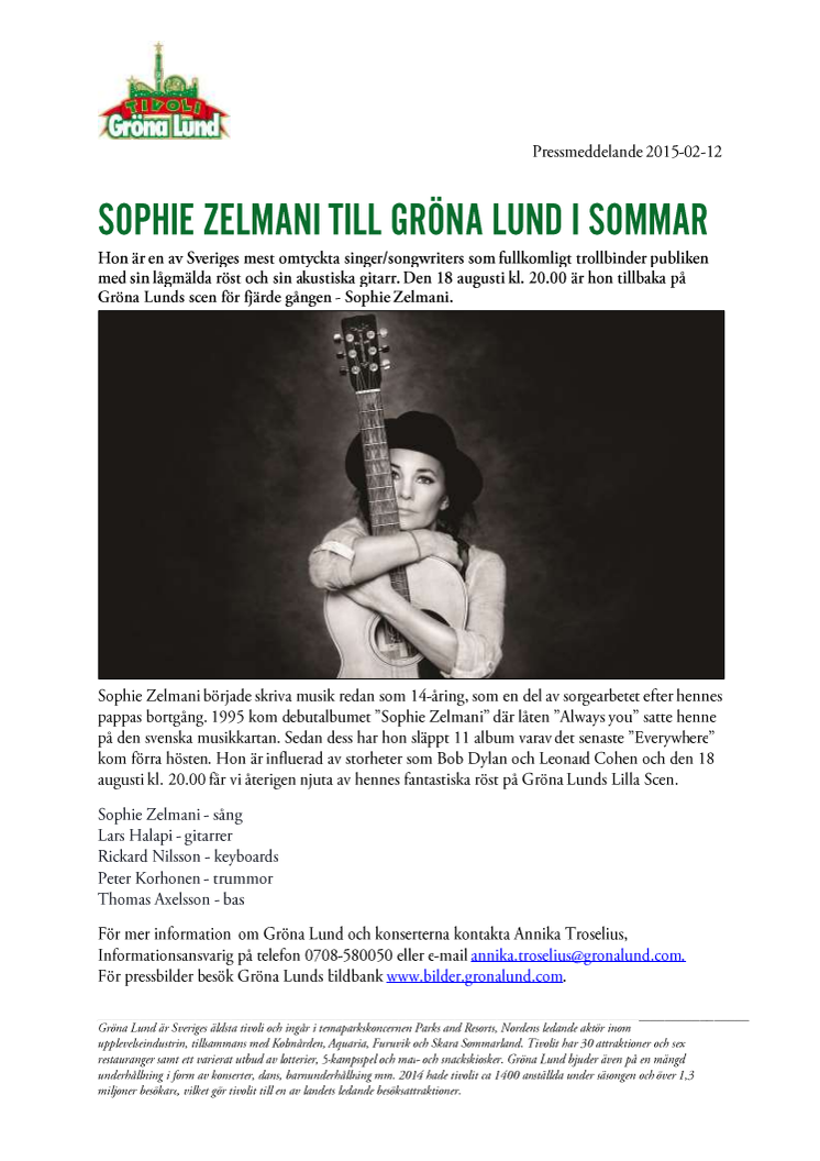 Sophie Zelmani till Gröna Lund i sommar