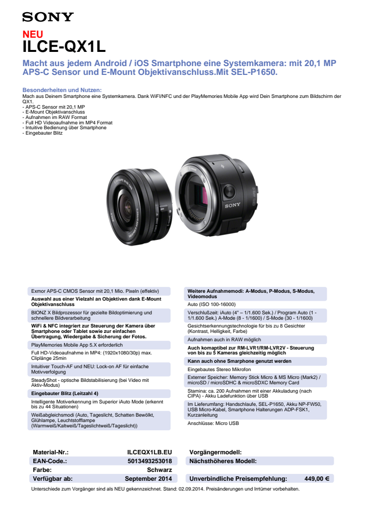 Datenblatt SmartShot ILCE-QX1L von Sony