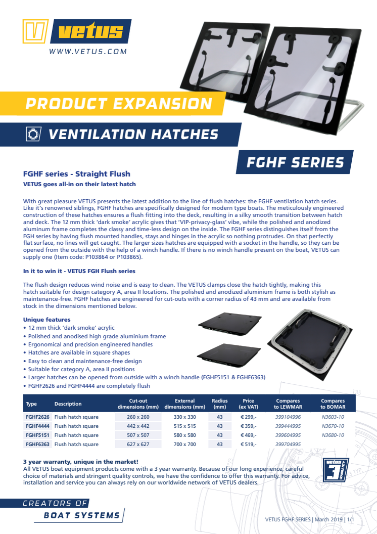 VETUS FGHF series ventilation hatches - Information Sheet