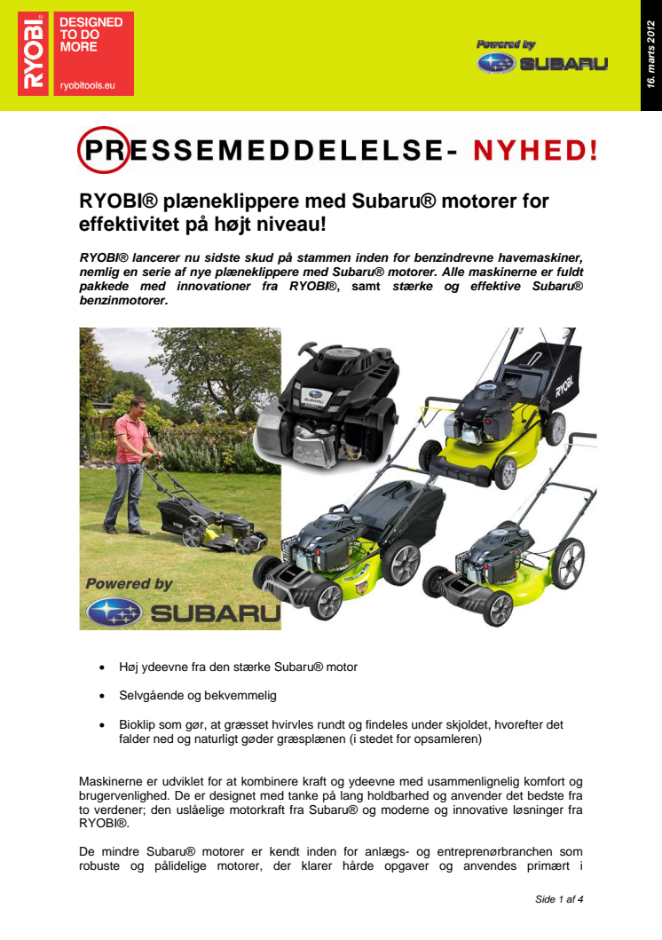 RYOBI® plæneklippere med Subaru® motorer for effektivitet på højt niveau!