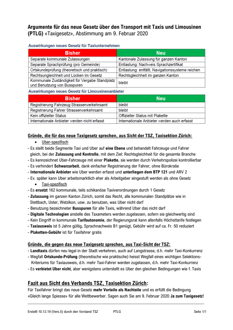 Argumente für das neue Taxigesetz (PTLG)