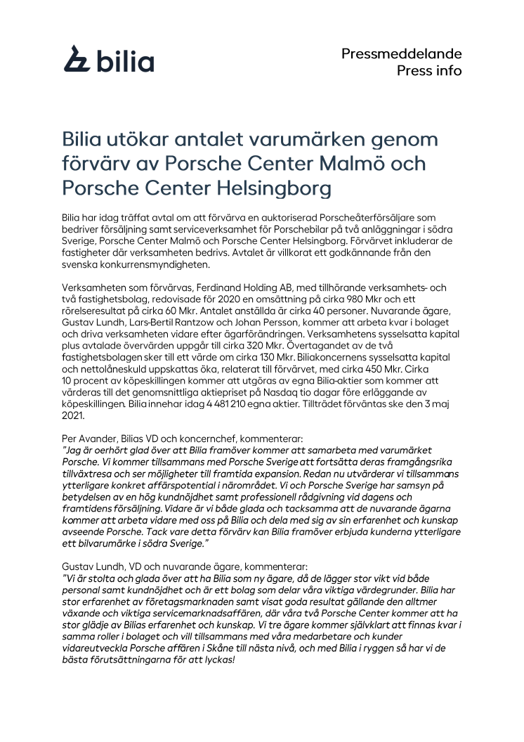 Bilia utökar antalet varumärken genom förvärv av Porsche Center Malmö och Porsche Center Helsingborg