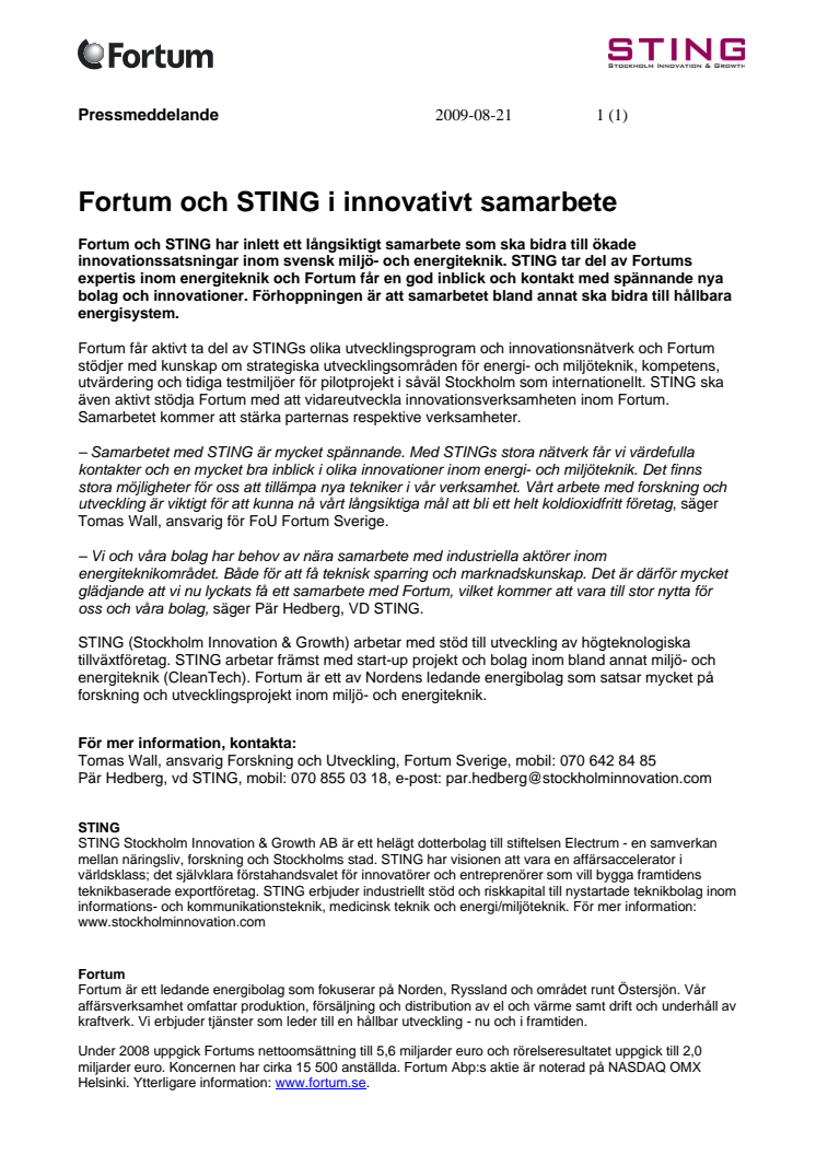 Fortum och STING i innovativt samarbete