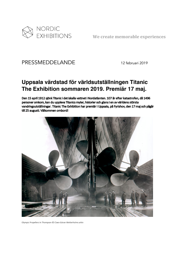 Uppsala värdstad för världsutställningen Titanic The Exhibition sommaren 2019. Premiär 17 maj.