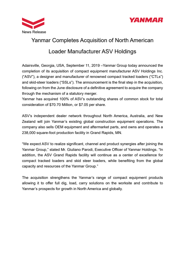 Yanmar Completes Acquisition of North American Loader Manufacturer ASV Holdings