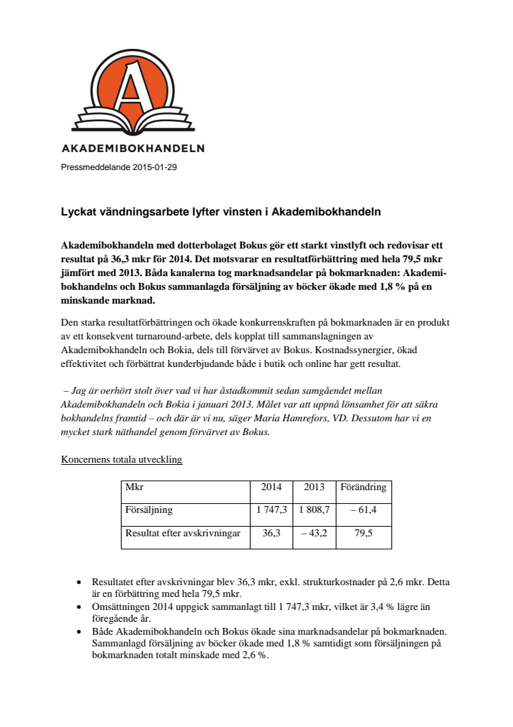 Lyckat vändningsarbete lyfter vinsten i Akademibokhandeln