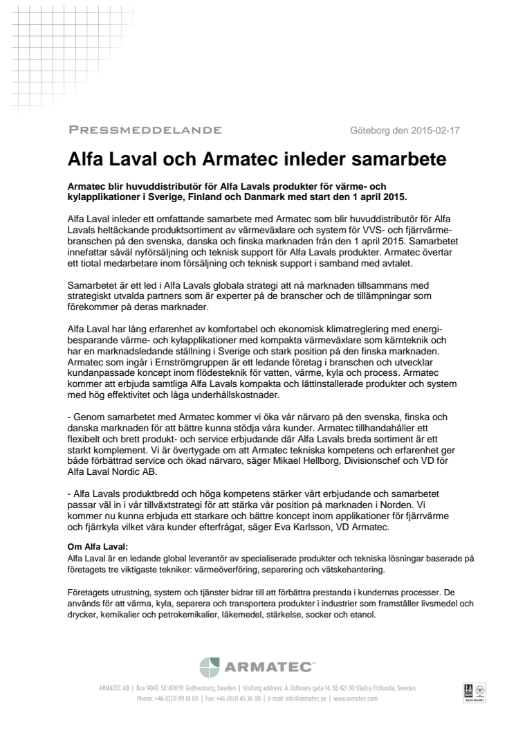 Alfa Laval och Armatec inleder samarbete