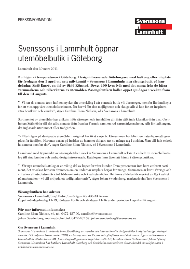 Svenssons i Lammhult öppnar utemöbelbutik i Göteborg