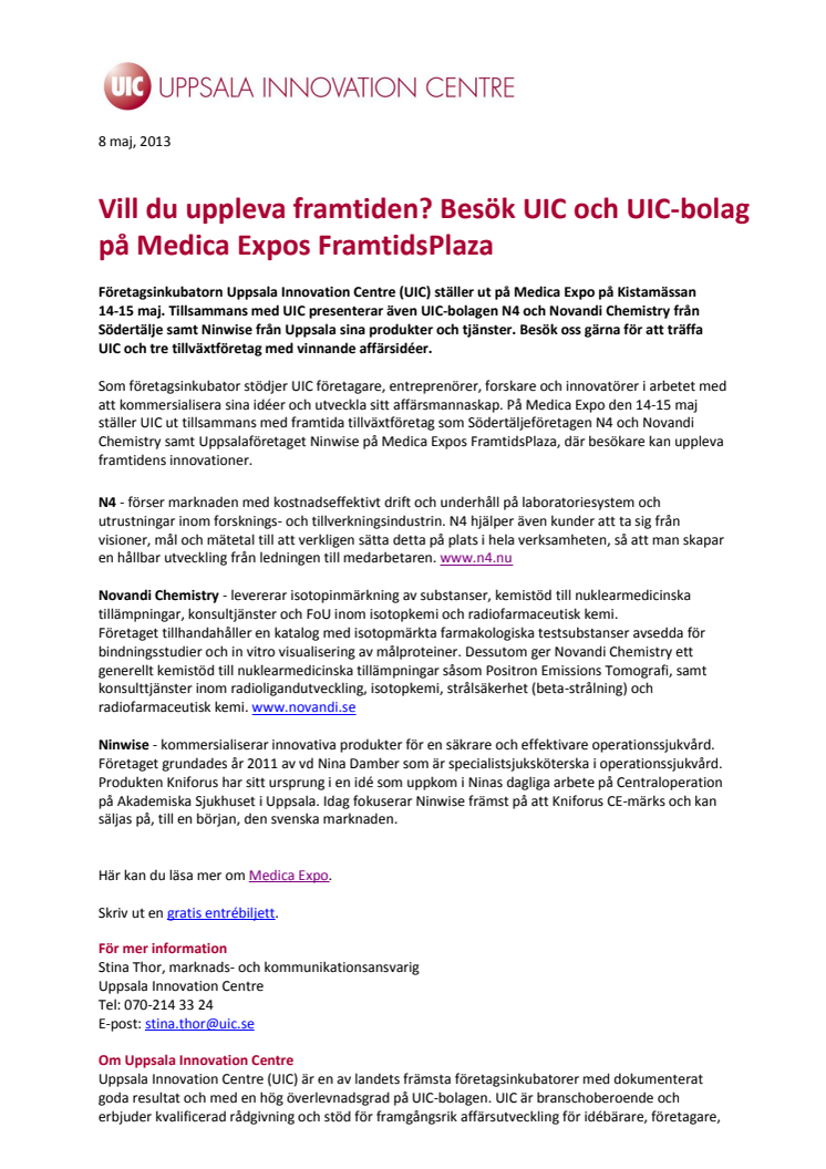 Vill du uppleva framtiden? Besök UIC och UIC-bolag på Medica Expos FramtidsPlaza