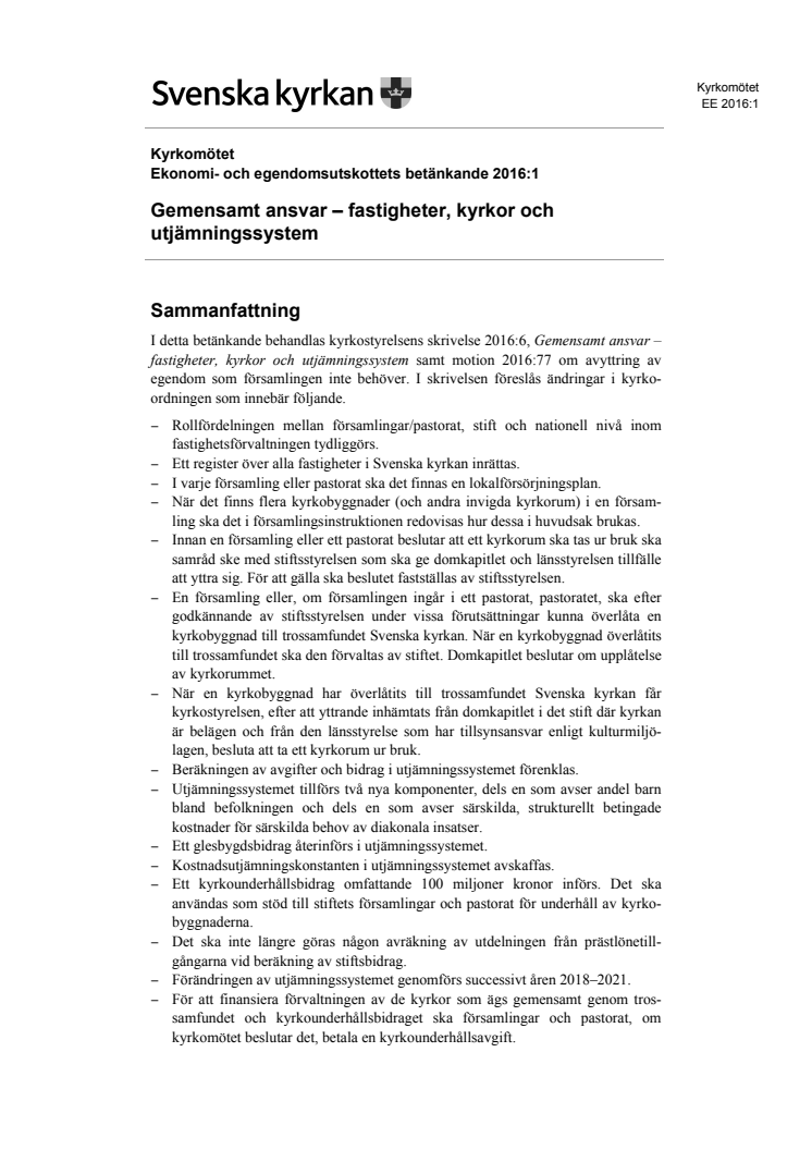 Betänkandet Gemensamt ansvar - fastigheter, kyrkor och utjämningssystem