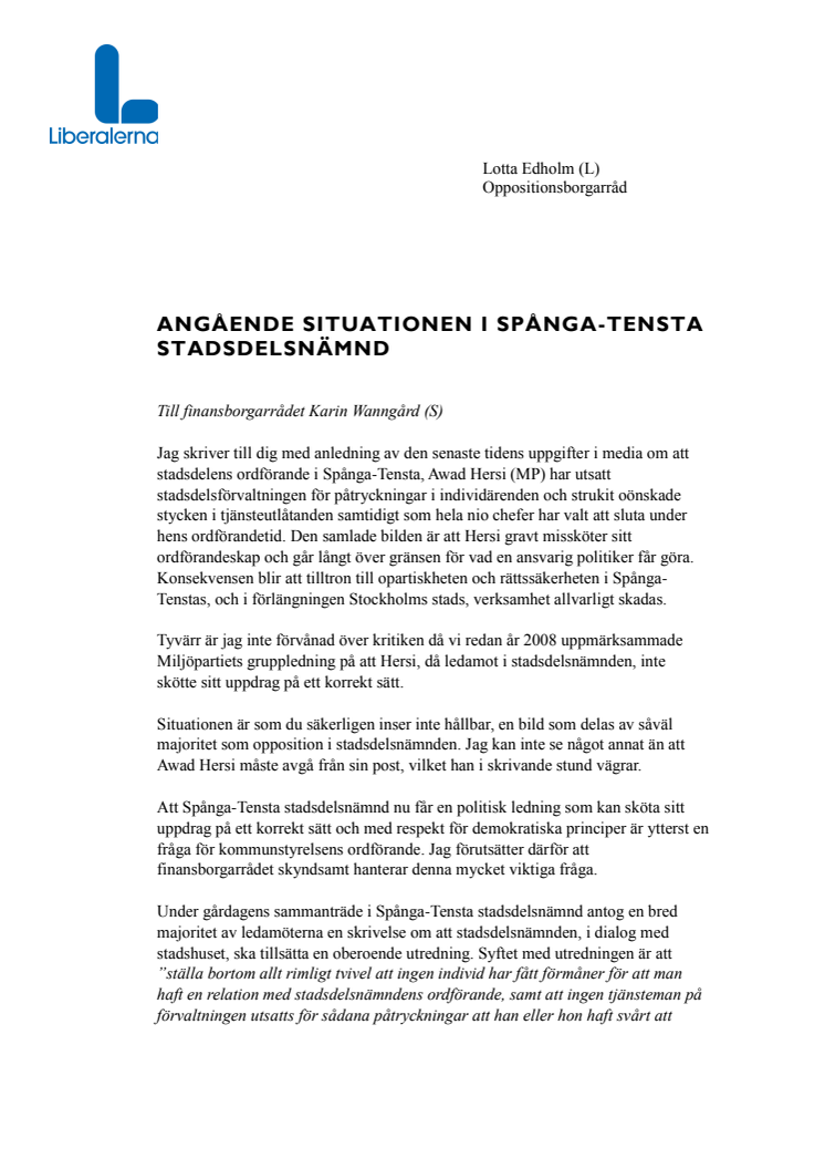 Brev till finansborgarrådet Karin Wanngård (S) om situationen i Spånga-Tensta stadsdelsnämnd