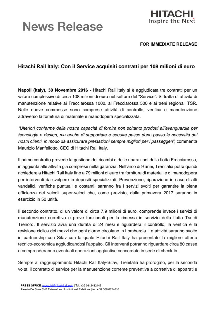 Hitachi Rail Italy: Con il Service acquisiti contratti per 108 milioni di euro