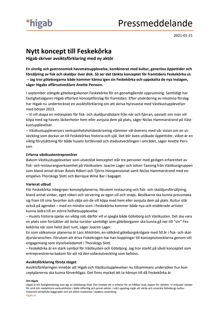 Nytt koncept till Feskekôrka - Higab skriver avsiktsförklaring med ny aktör