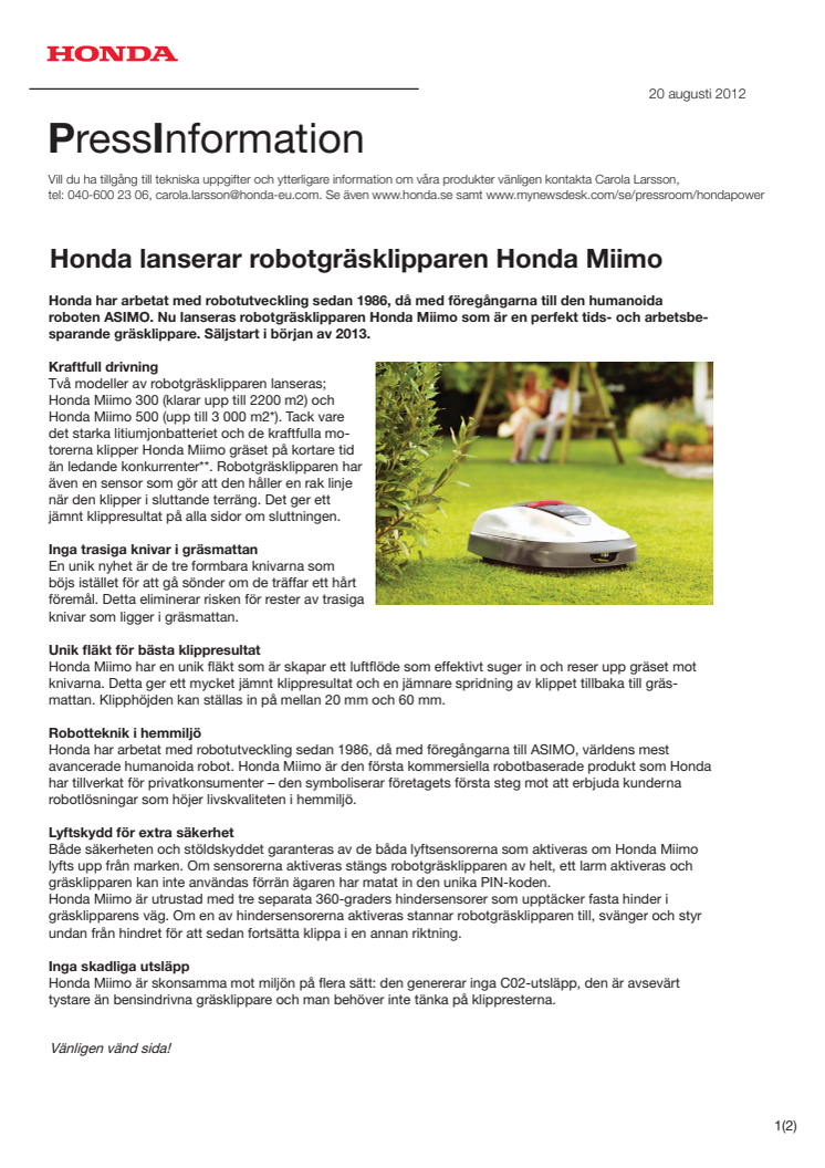 Honda lanserar robotgräsklipparen Honda Miimo