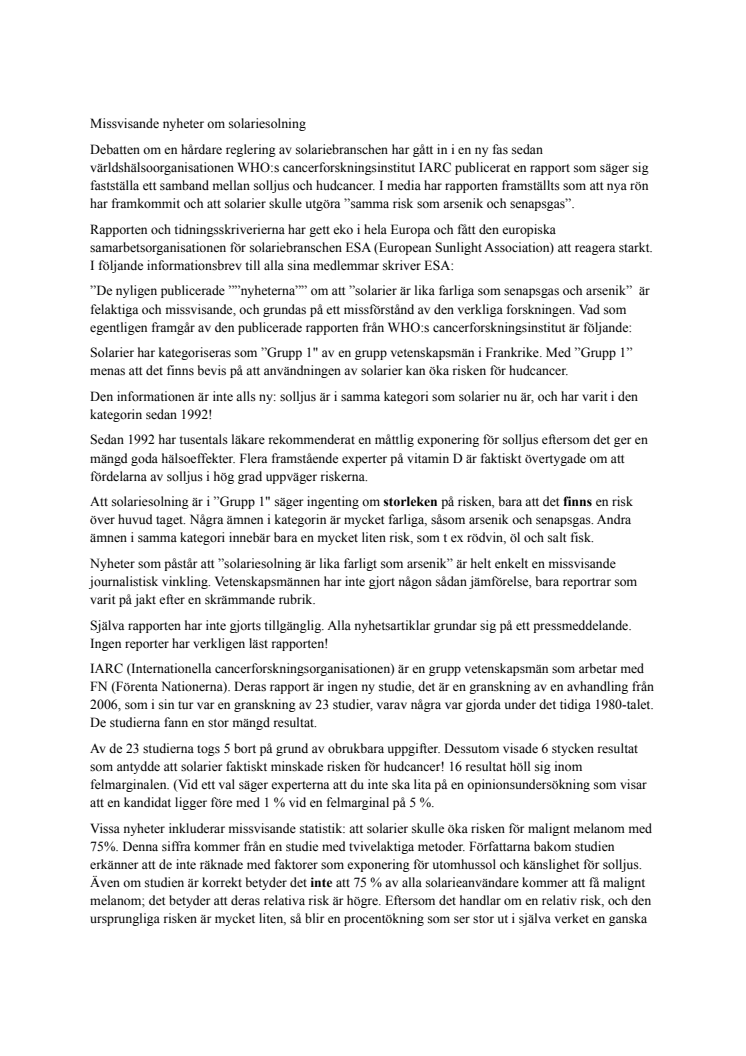 Missvisande nyheter om solariesolning