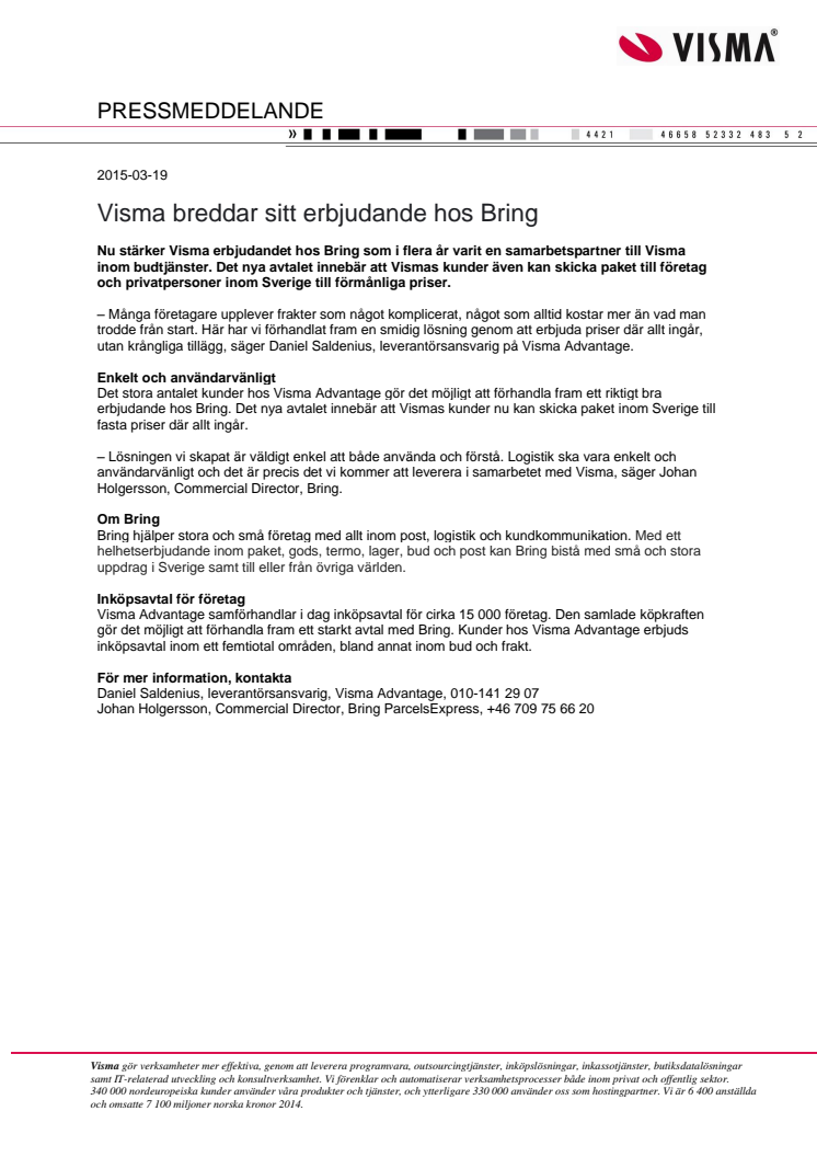 Visma breddar sitt erbjudande hos Bring