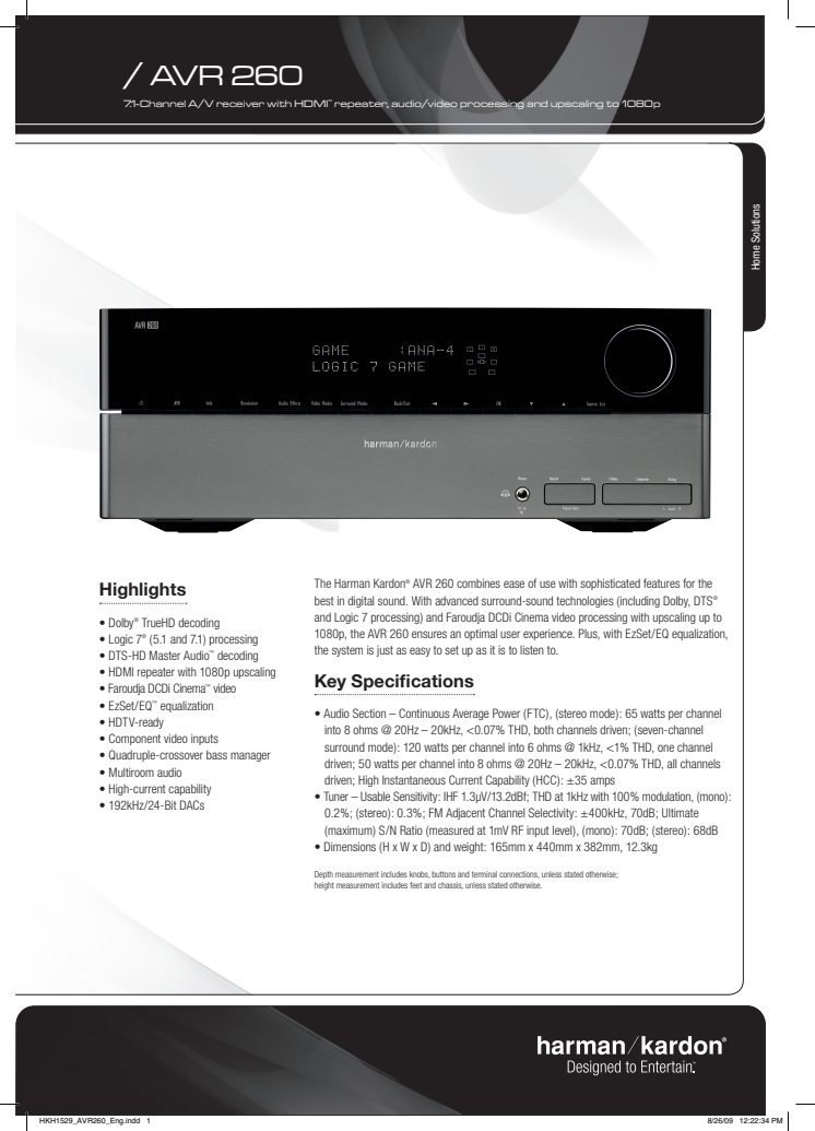 Harman kardon AVR 260 specifikation