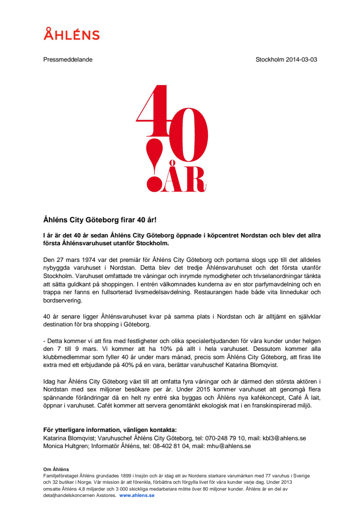 Åhléns City Göteborg firar 40 år!